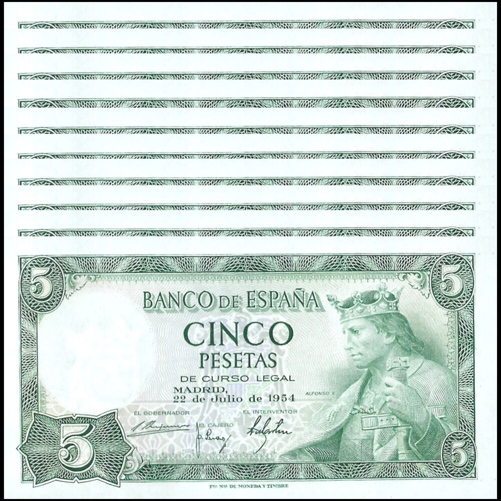 Spain -  5 Pesetas 1954 - Pick # 146a - Set 10 PCS