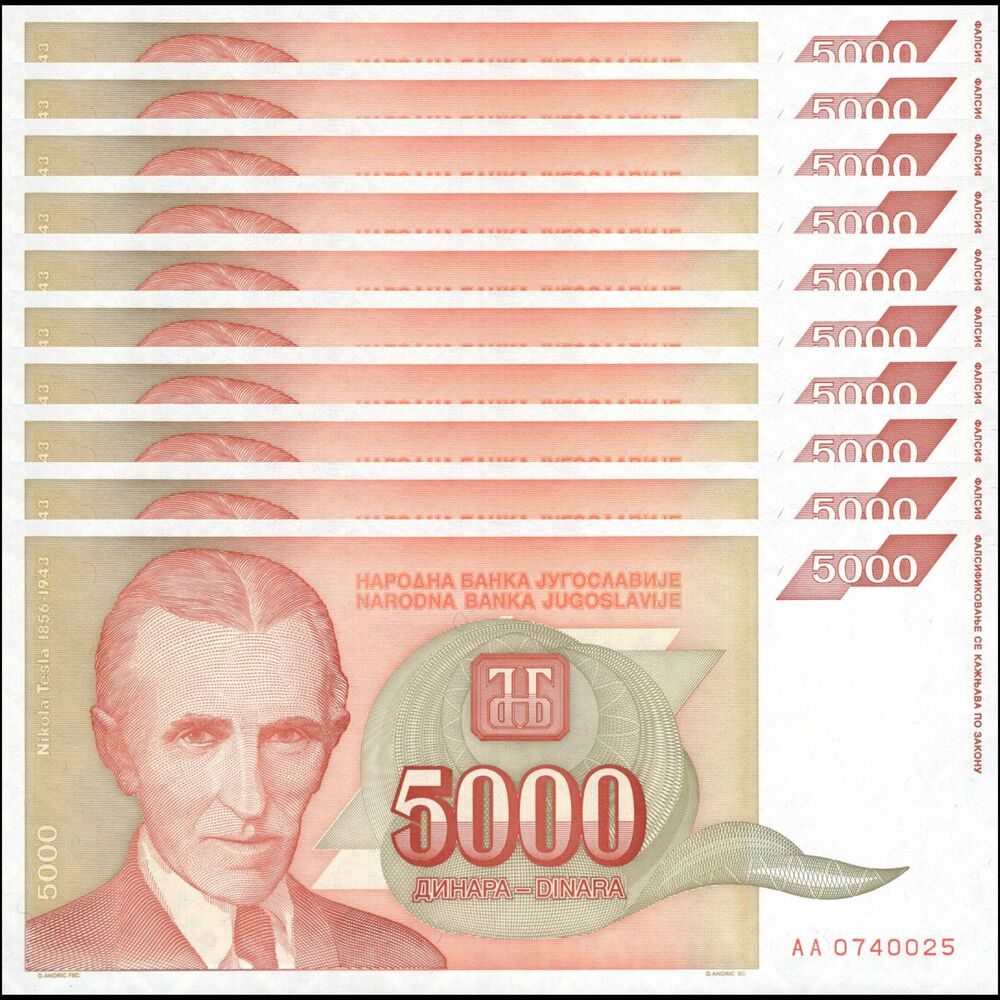 Yugoslavia -  5000 Dinara 1993 - Pick # 128 - Set 10 PCS