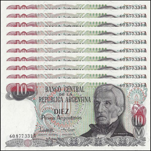 Argentina - 10 Pesos 1983 - Pick- 313 - Set 10 PCS