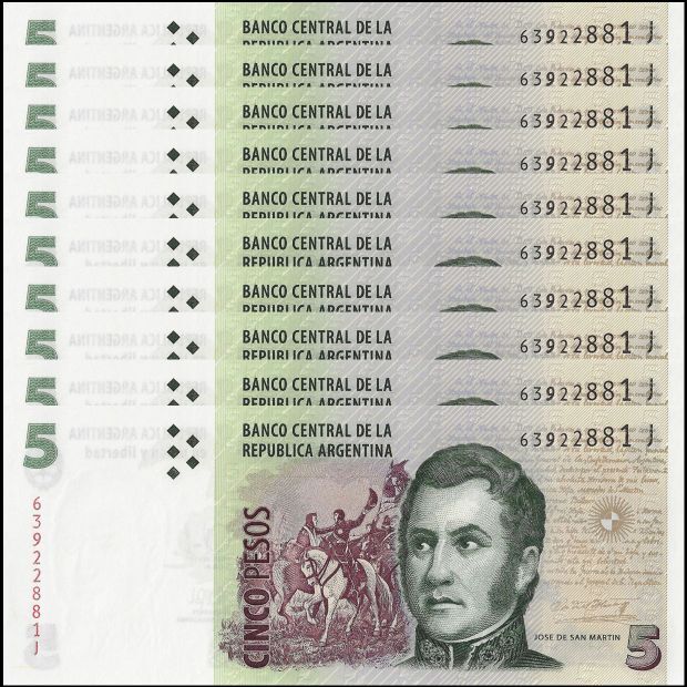 Argentinië -  5 Pesos 2015 - Pick # 353 - Set 10 PCS
