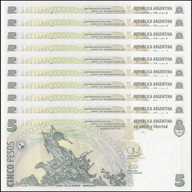 Argentinië -  5 Pesos 2015 - Pick # 353 - Set 10 PCS