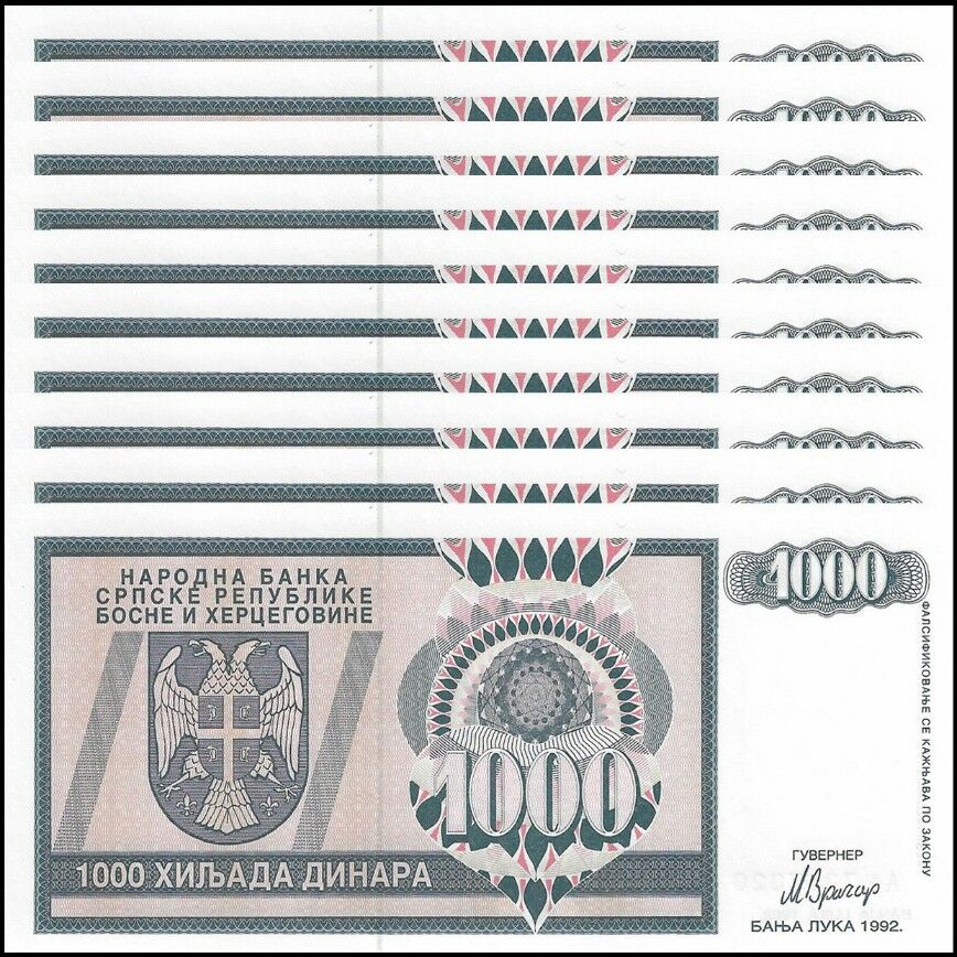 Bosnia and Herzegovina - 1000 Dinara 1992 - Pick- 137 - Set 10 PCS