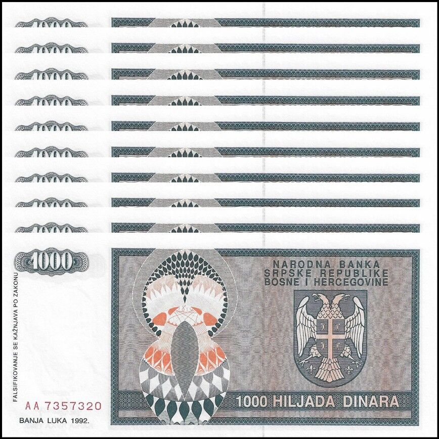Bosnia and Herzegovina - 1000 Dinara 1992 - Pick- 137 - Set 10 PCS