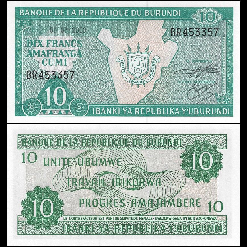 Burundi -  10 Francs 2001 - Pick # 33d - Bundle 100 PCS