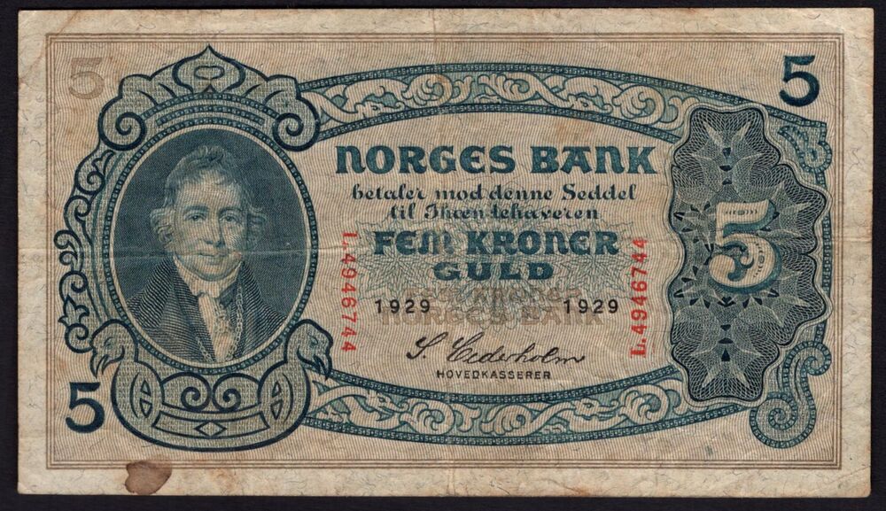 Norway - 5 Kroner 1929 - Pick # 7b - Fine