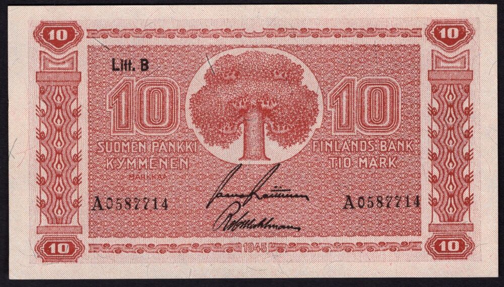 Finland - 10 Markaa 1945 - Pick # 85 - aUNC