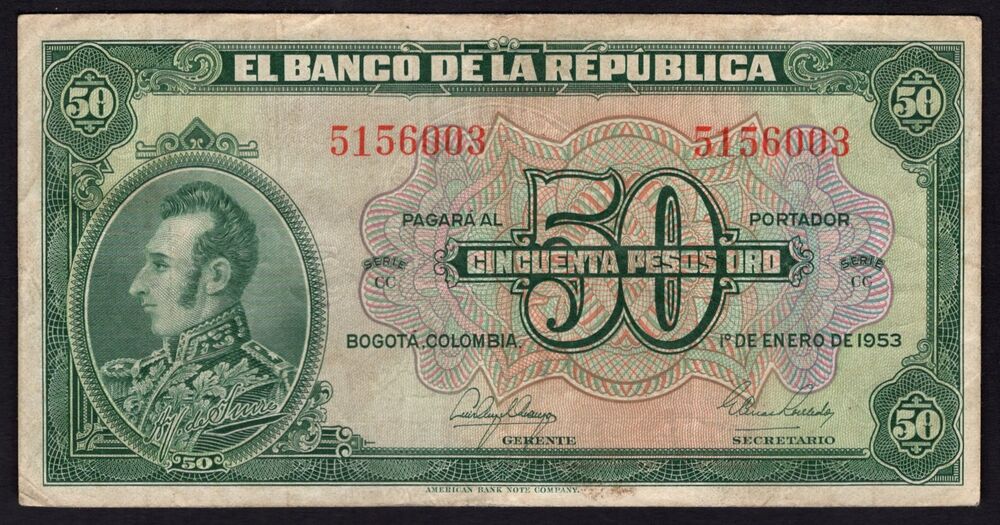 Colombia - 50 Pesos 1953 - Pick # 393d - VF