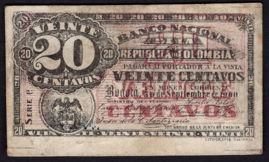 Colombia - 20 Centavos 1900 - Pick # 265 - VF