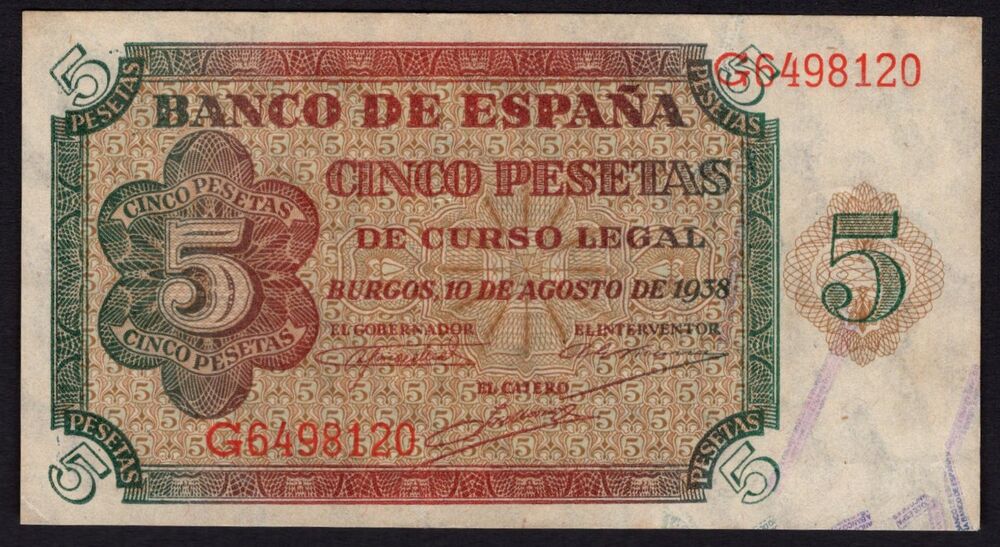 Spain - 5 Pesetas 1938 - Pick # 110 - aUNC