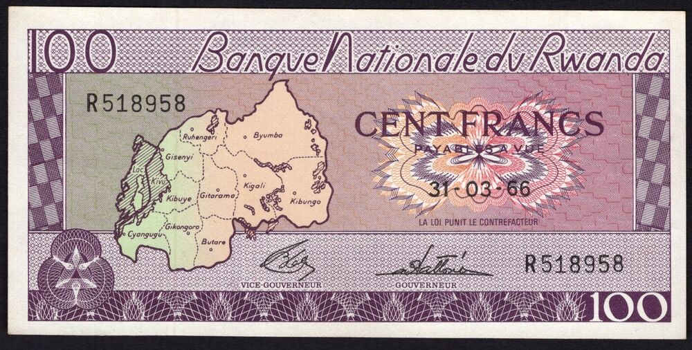 Rwanda - 100 Francs 1966 - Pick # 8a - XF