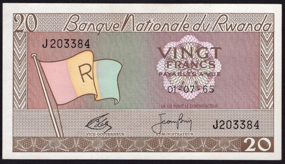 Rwanda - 20 Francs 1965 - Pick # 6b - XF+