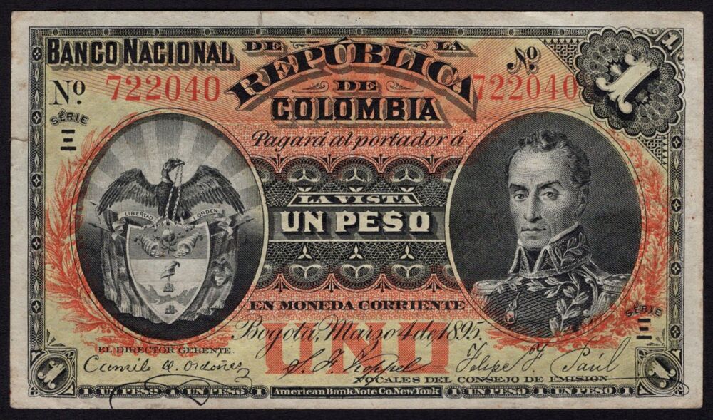 Colombia - 1 Pesos 1895 - Pick # 234 - VF