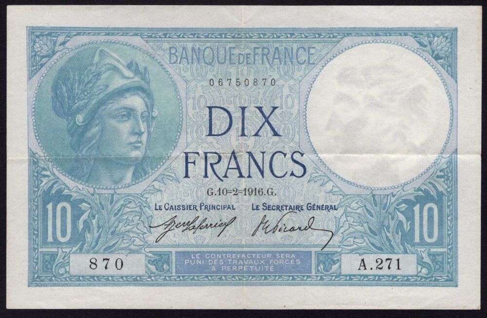 France - 10 Francs 1916 - Pick # 73a - VF+