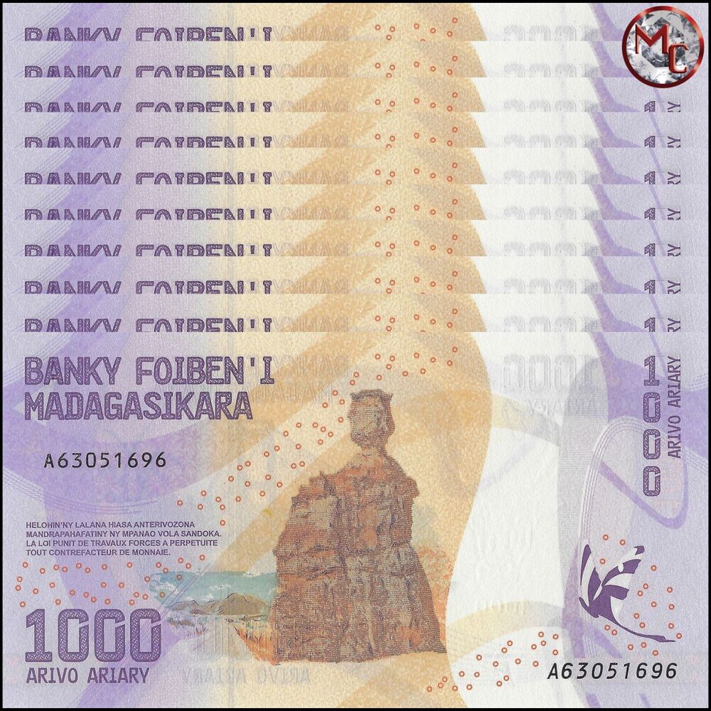 Madagascar - 1000 Ariary 2017 - Pick- 100 / B335 - Set 10 PCS