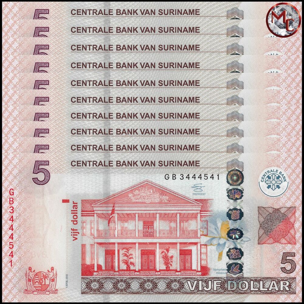 Suriname - 5 Dollars 2012 - Pick- 162b / B545b - Set 10 PCS