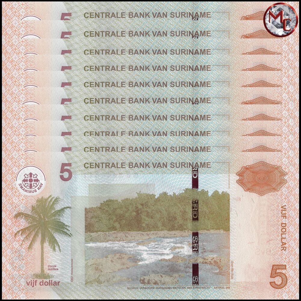Suriname - 5 Dollars 2012 - Pick- 162b / B545b - Set 10 PCS