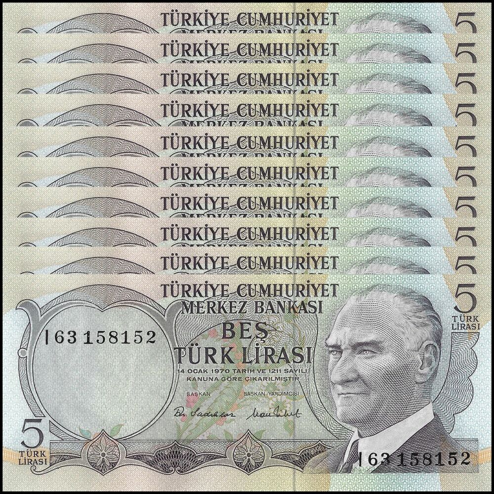 Turkey - 5 Lira 1976 - Pick- 185 - Set 10 PCS