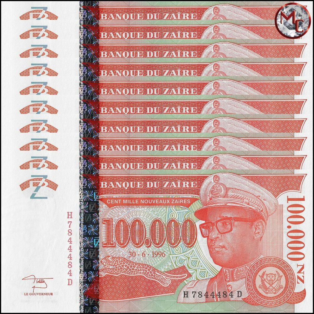 Zaire - 100.000 Nouveaux Zaires 1996 - Pick- 77 / B150b - Set 10 PCS