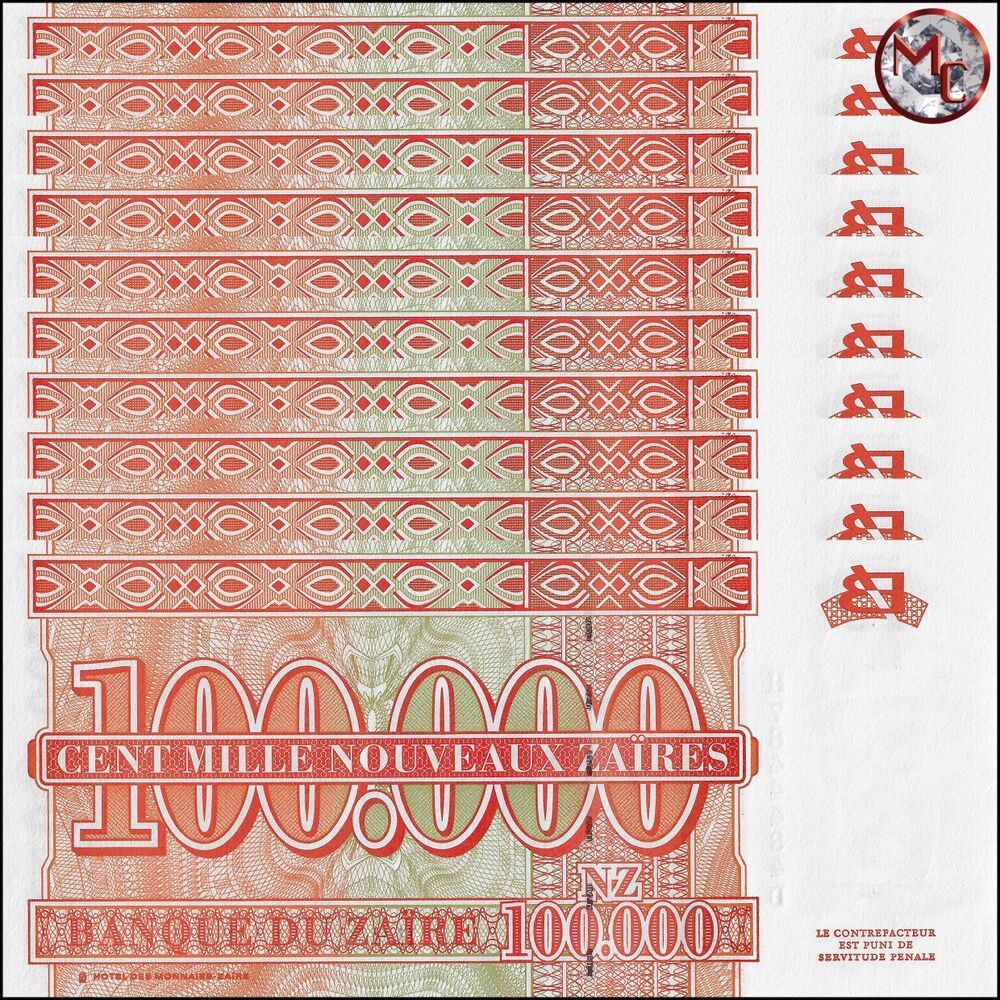 Zaire - 100.000 Nouveaux Zaires 1996 - Pick- 77 / B150b - Set 10 PCS