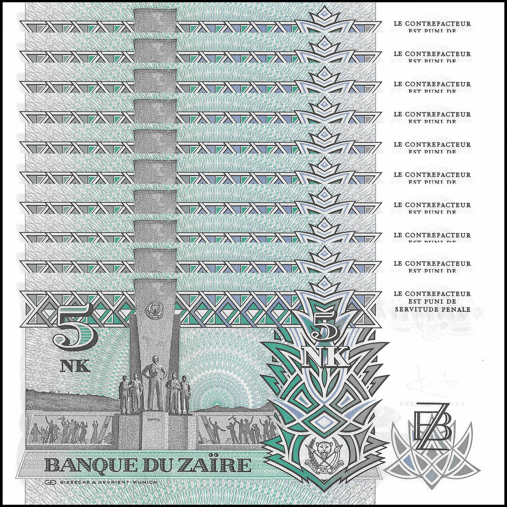 Zaire - 5 nouveaux makuta 1993 - Pick- 48 / B132 - Set 10 PCS