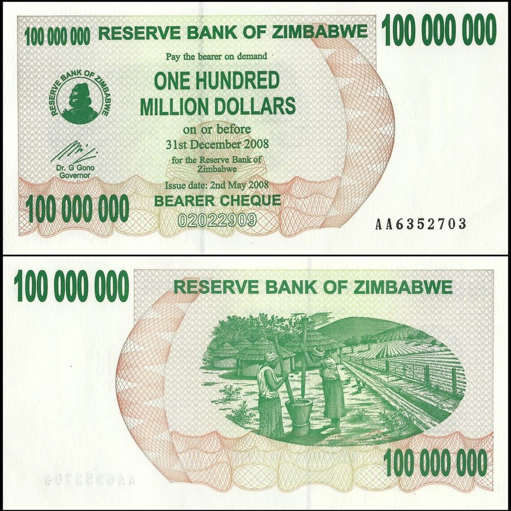 Zimbabwe - 100.000.000 Dollars 2008 - Pick- 58 / B149 - Brick 1000 PCS - USED (F,VG,XF)