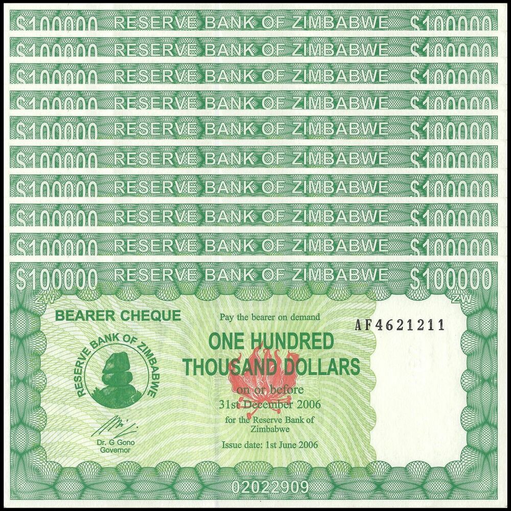 Zimbabwe - 100.000 Dollars 2006 - Pick- 32 / B123b - Set 10 PCS