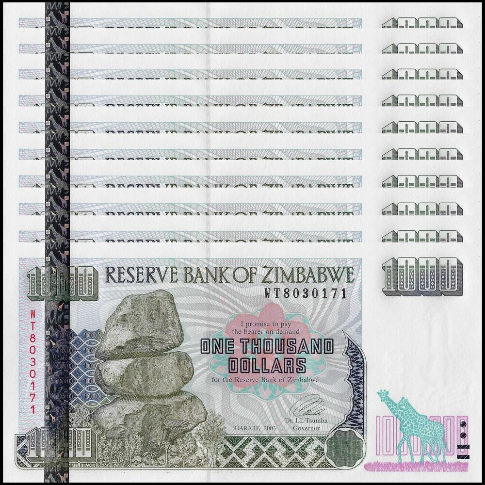 Zimbabwe - 1000 Dollars 2003 - Pick- 12b / B112b - Set 10 PCS
