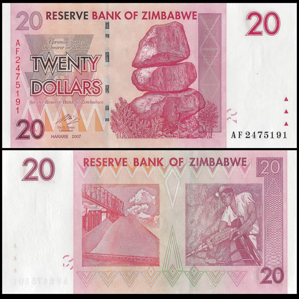 Zimbabwe - 20 Dollars 2008 - Pick- 68 / B159 - Bundle 100 PCS - USED (F,VF,XF)