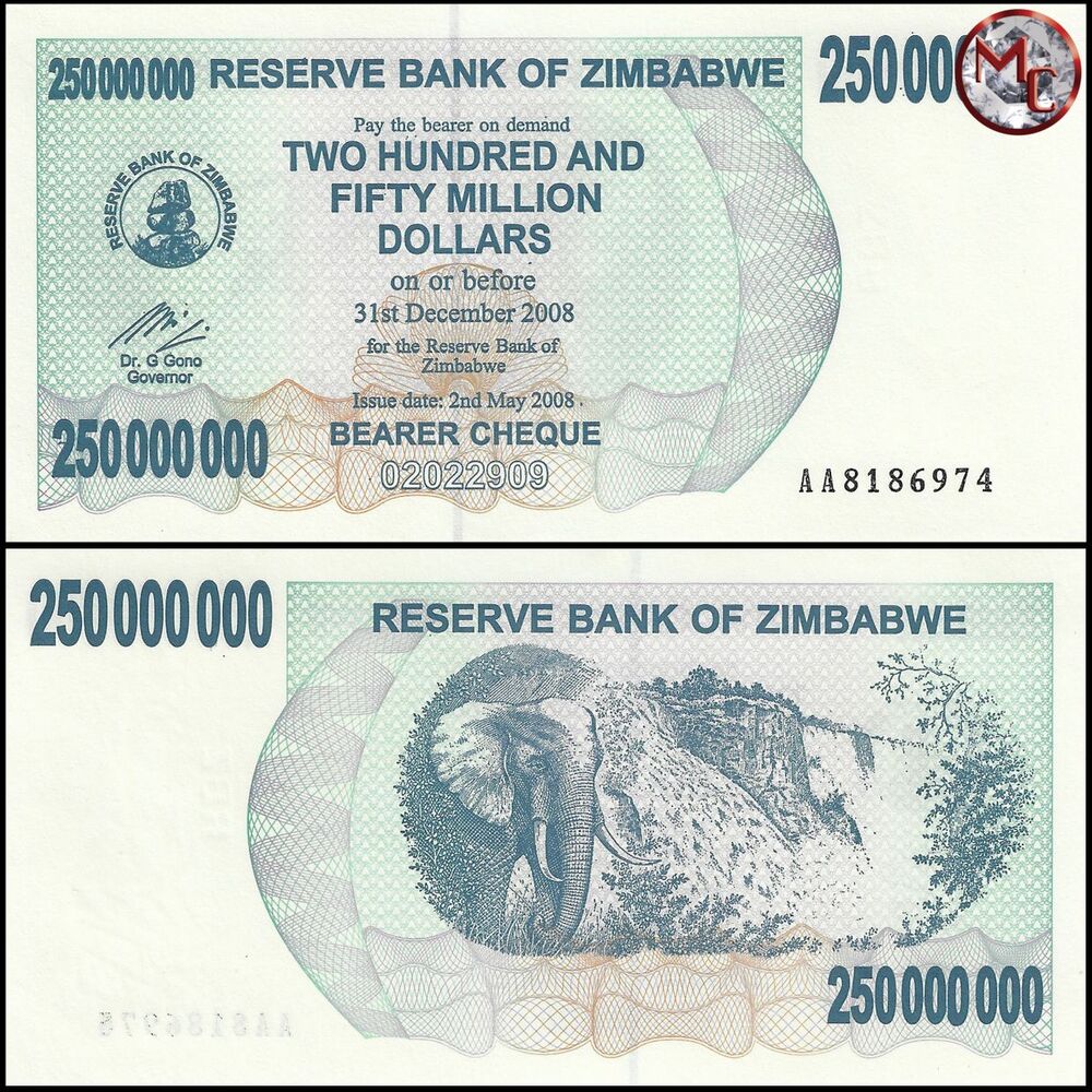 Zimbabwe - 250.000.000 Dollars 2008 - Pick- 59 / B150 - Brick 1000 PCS - USED (F,VG,XF)
