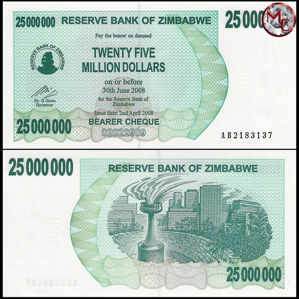 Zimbabwe - 25.000.000 Dollars 2008 - Pick- 56 / B147 - Brick 1000 PCS - USED (F,VG,XF)