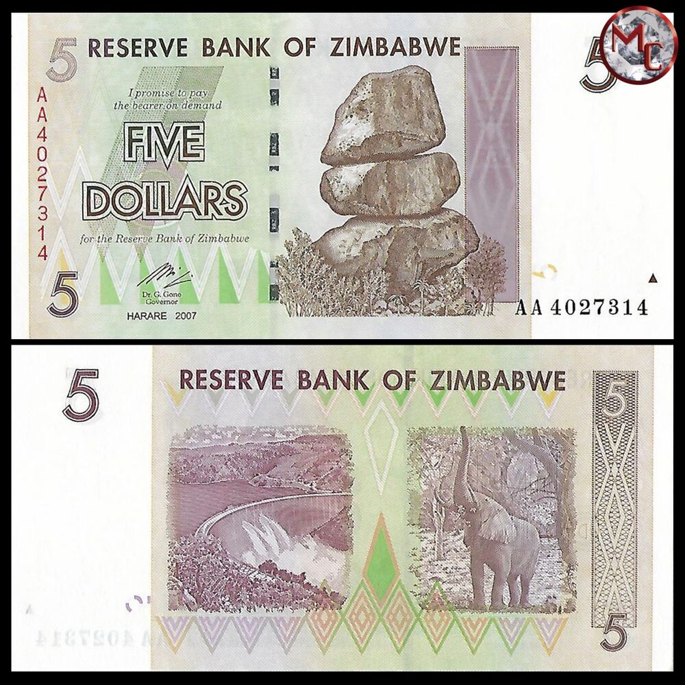 Zimbabwe - 5 Dollars 2008 - Pick- 66 / B157 - Brick 1000 PCS - USED (F,VF,XF) - Brick 1000 PCS