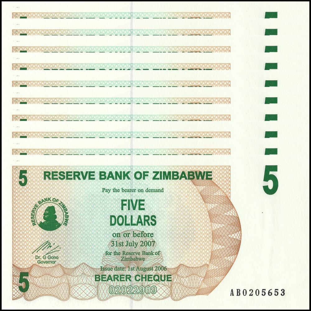 Zimbabwe - 5 Dollars 2006 - Pick- 38 / B129 - Set 10 PCS