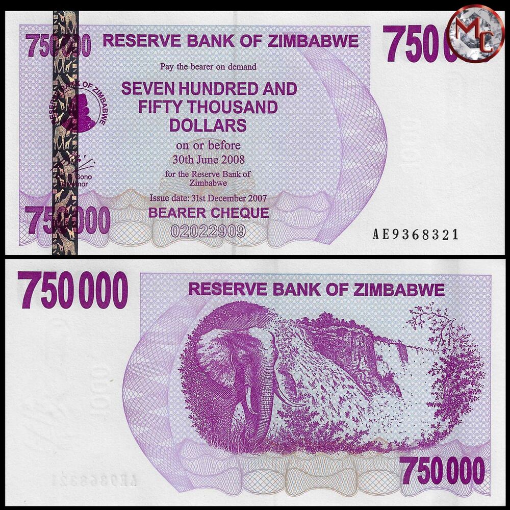 Zimbabwe - 750.000 Dollars 2007 - Pick- 52 / B143 - Brick 1000 PCS - USED (F,VG,XF)